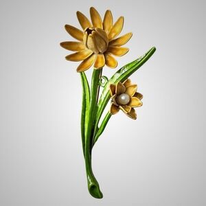 Vintage Tan Enamel Flower Brooch Center Faux Pearl Green Stem Leaves Spring